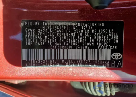 2015 Toyota Corolla L from USA, damaged, VIN 5YFBURHE8FP248903